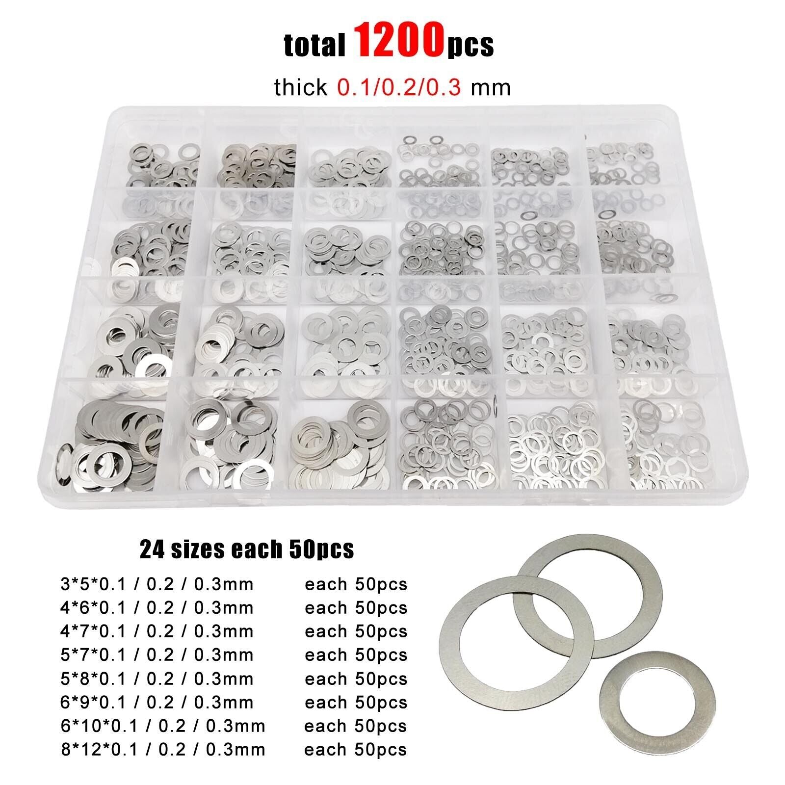 1200pcs M3-M8 0.1/0.2/0.3mm 304 Stainless Steel Ultra Thin Flat Washer Shim Kit
