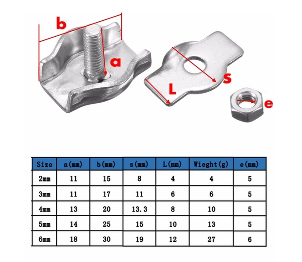 AU Stock 10pcs 2mm 304/A2 Stainless Steel Wire Rope Simple Grip Cable Clamp