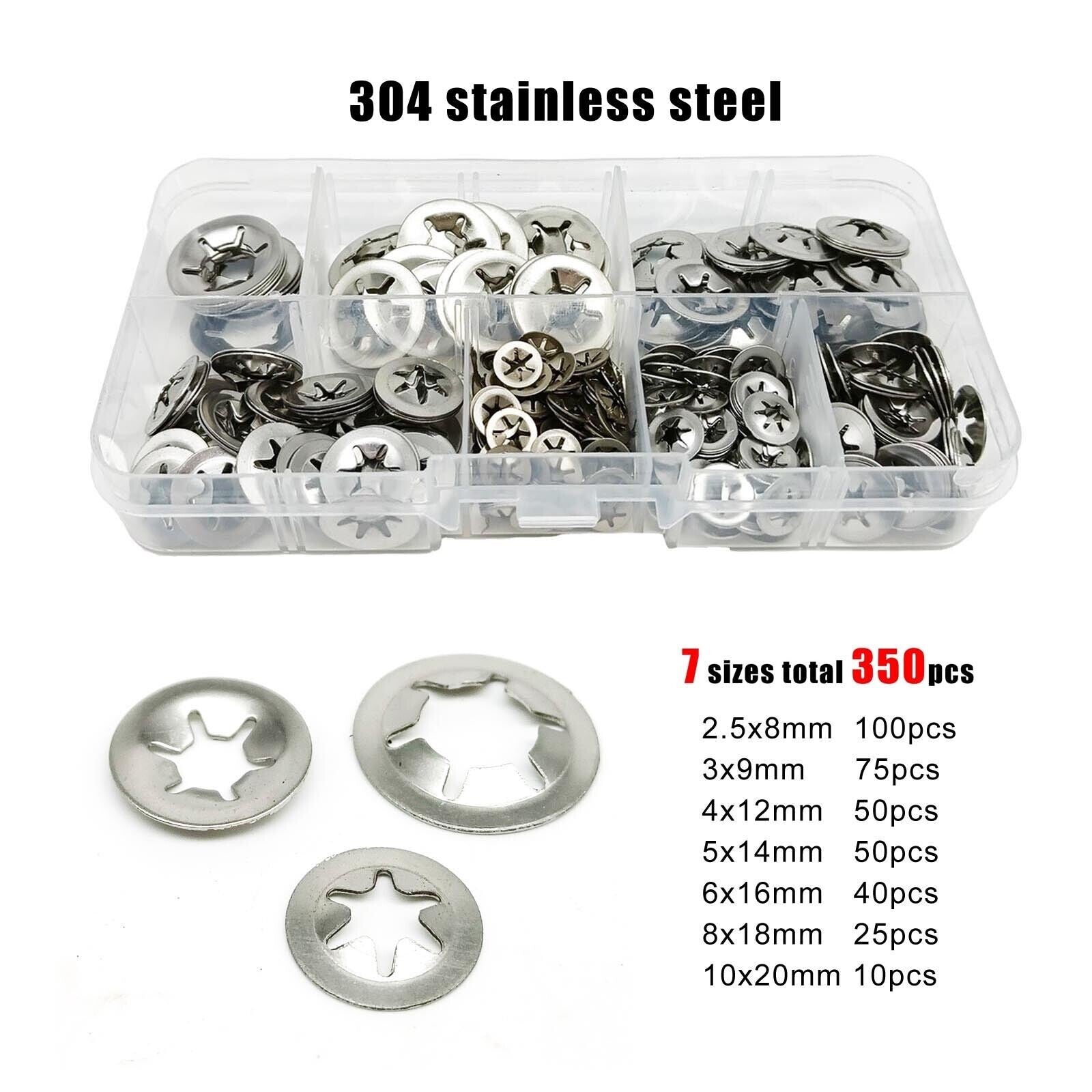 350pc M2.5-M10 304SS External Circlip Push-on Retaining Clip Shaft Snap Ring Set
