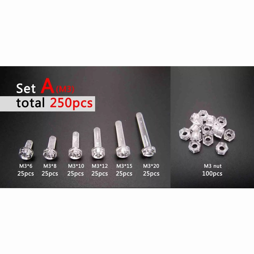 250pc Acrylic Clear Plastic M3 Round Pan Phillips Head Screw Bolt Nut Set Kit