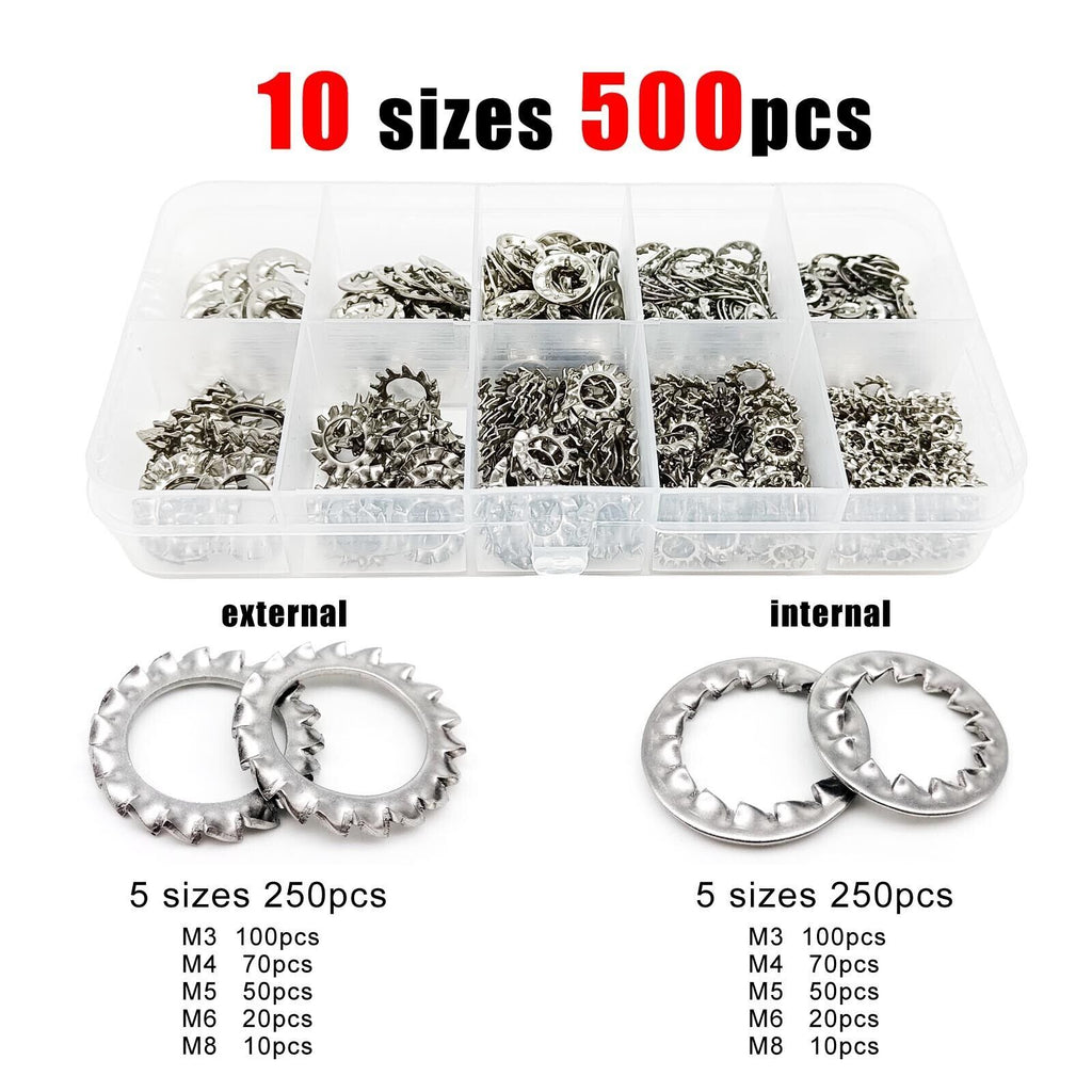 500pcs/set Mix M3-M8 External Internal Toothed Serrated Lock Washer Gasket Kit