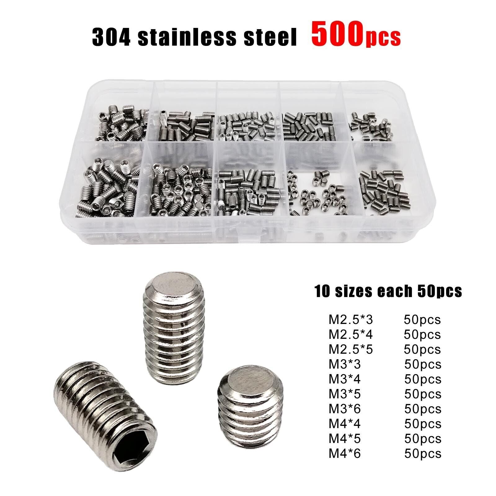 500pcs M2.5-M4 DIN913 304 Hex Hexagon Socket Flat Point Grub Bolt Set Screw Kit