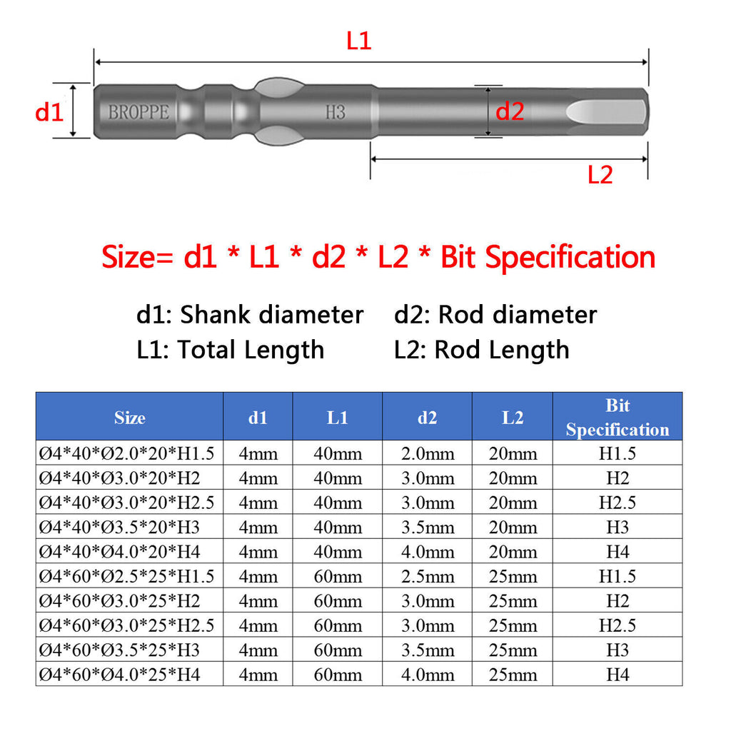 10pcs 4mm Round Shank Hex Bits H1.5 Set Fit for 800 Torque Electric Screwdriver