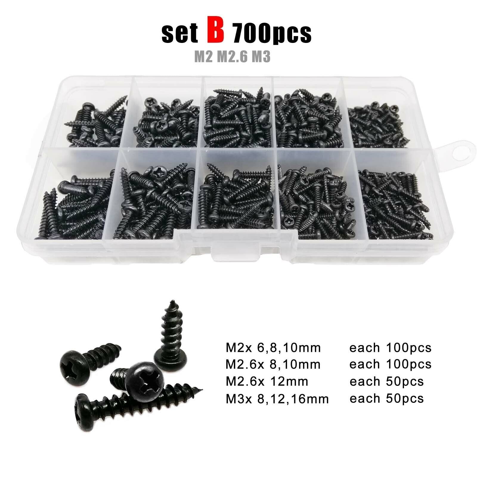 700pcs M2 M2.6 M3 Black Phillips Pan Round Head Self-tapping Wood Screw Set Kit