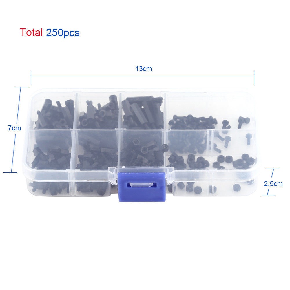 250Pcs Plastic Nylon M2 Hex Column Standoff Spacer Screw Nut male-female set