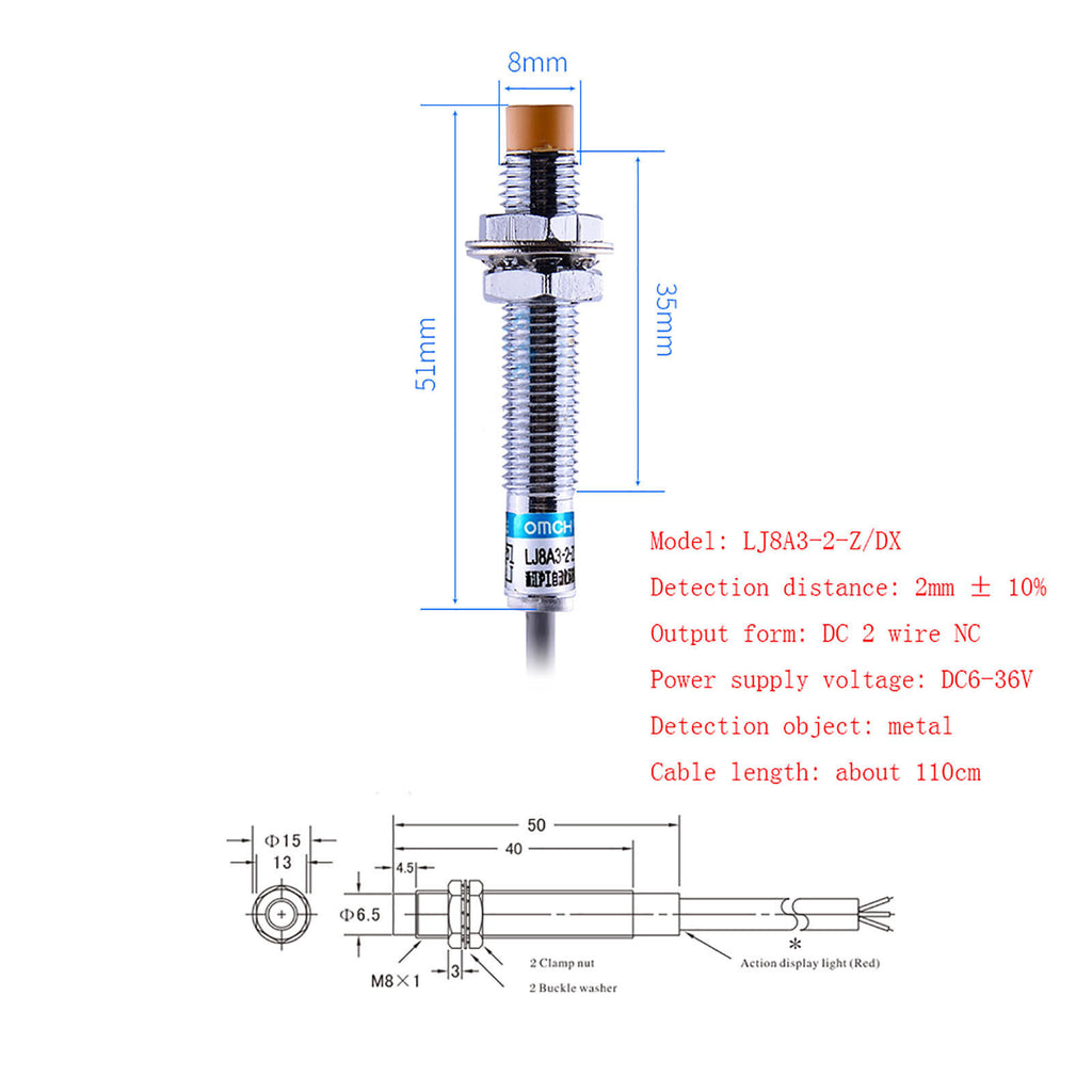 M8 Inductive Proximity Switch Metal Sensor NONC DC12-24V AC110-220V LJ8A3-2-Z/DX
