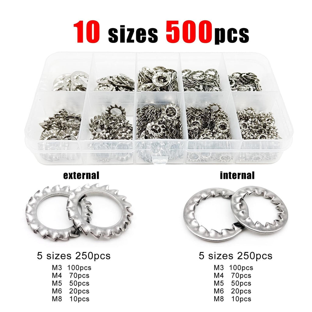 500pcs Mix M3-M8 External Internal Toothed Serrated Lock Washer Gasket Kit Set