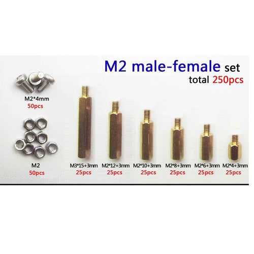 250pc Solid Brass M2 Hex Column Standoff  Spacer Screw Nut Assortment Kit PCB #2