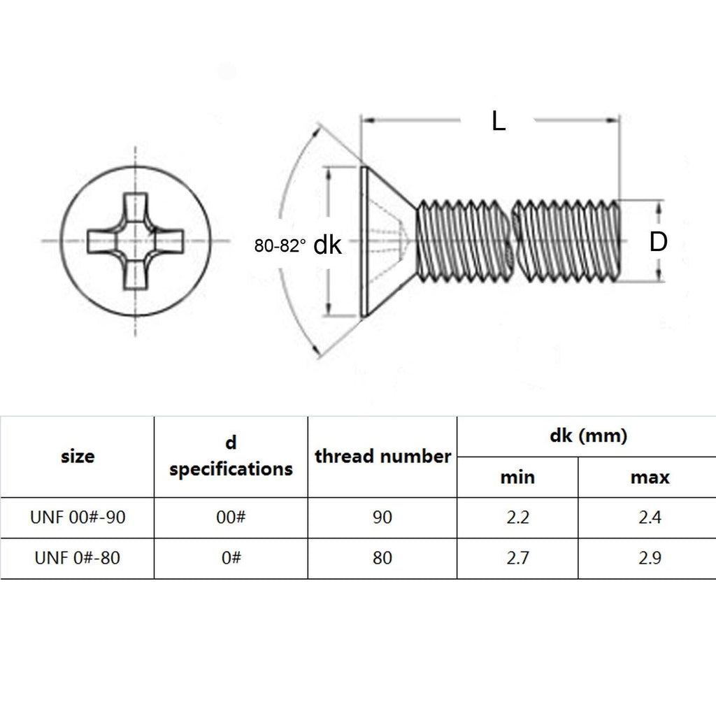 50pcs UNF 00#-90x 5mm Fine Thread Phillips Flat Countersunk Head Screw Bolt