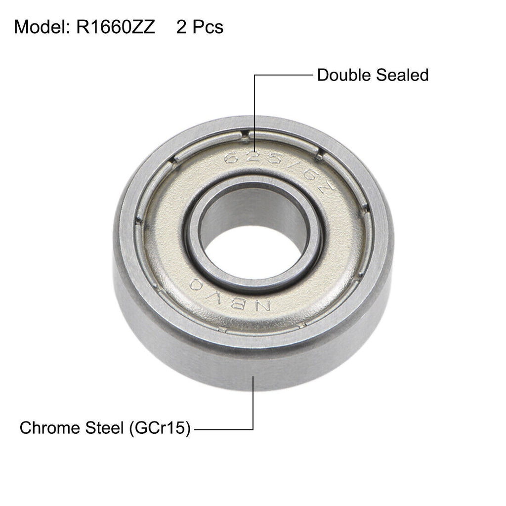 2pcs R1660ZZ Ball Bearings 6x16x5mm Double Shielded Chrome Steel