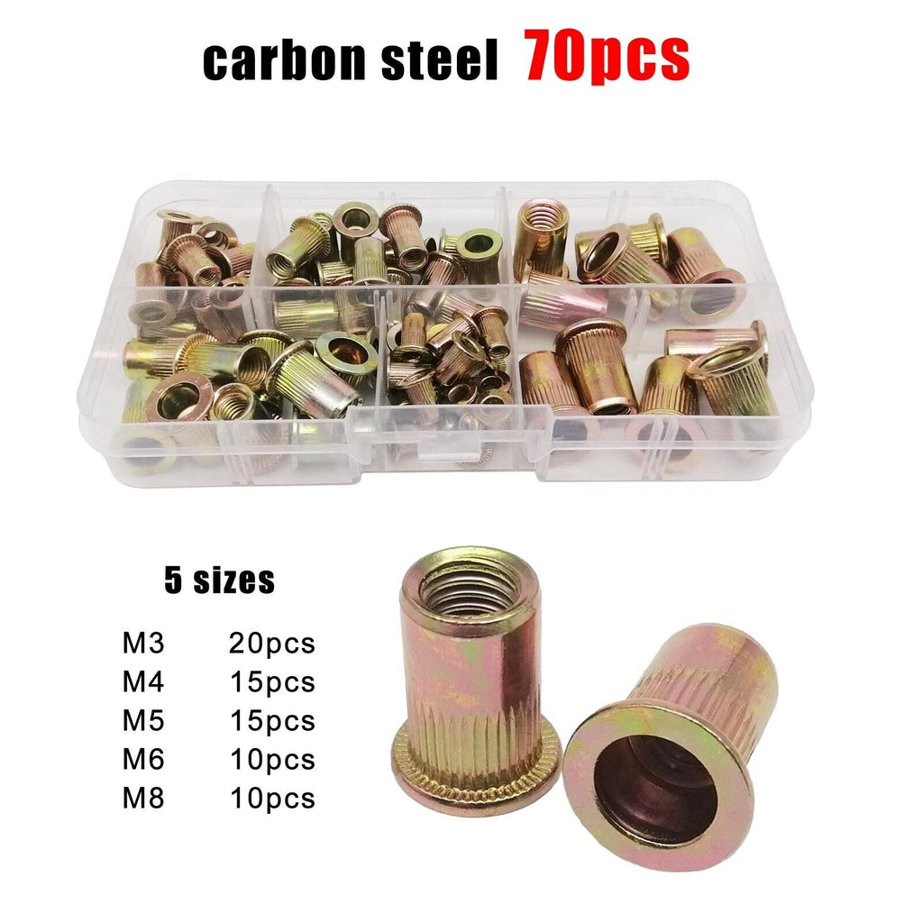 70pcs M3M4M5M6M8 Carbon Steel Flat Head Rivet Nut Insert Rivnut Assortment Set