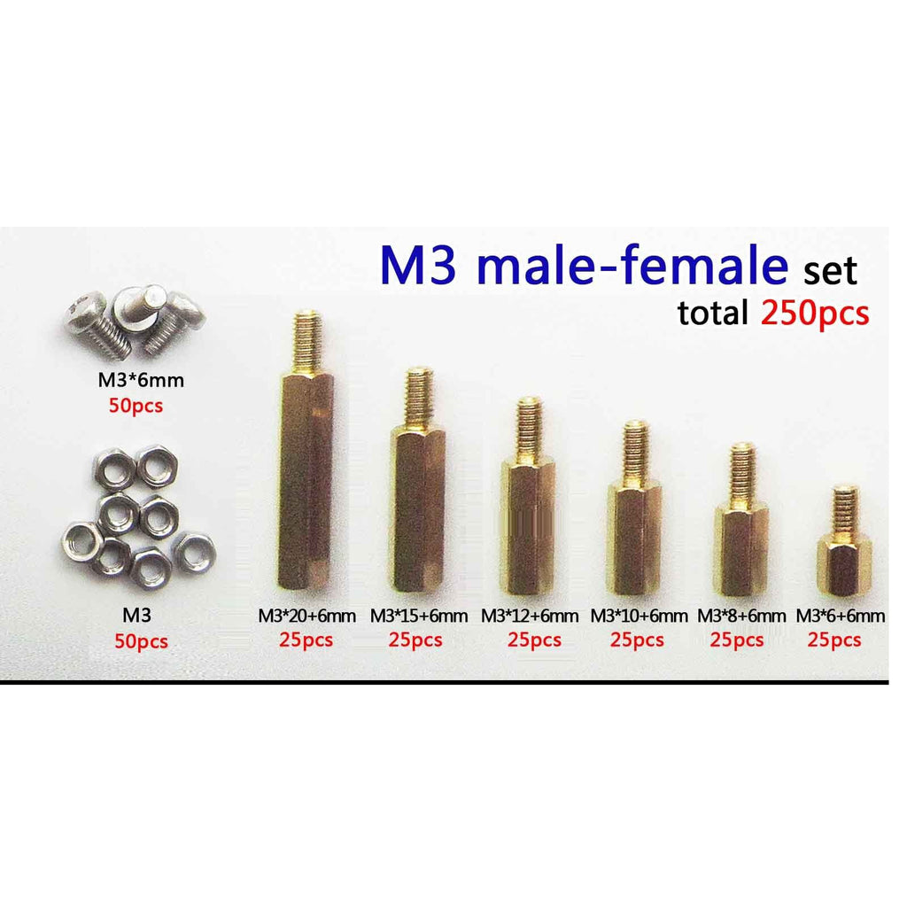250pcs Solid Brass M3 Hex Column Standoff  Spacer Screw Nut Assortment Kit PCB D
