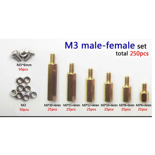 250pcs Solid Brass M3 Hex Column Standoff  Spacer Screw Nut Assortment Kit PCB D