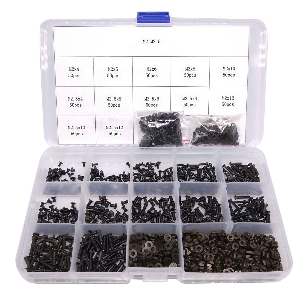 600pcs M2 M2.5 Flat Head Black Screws with Nuts Washers Assortment Kit