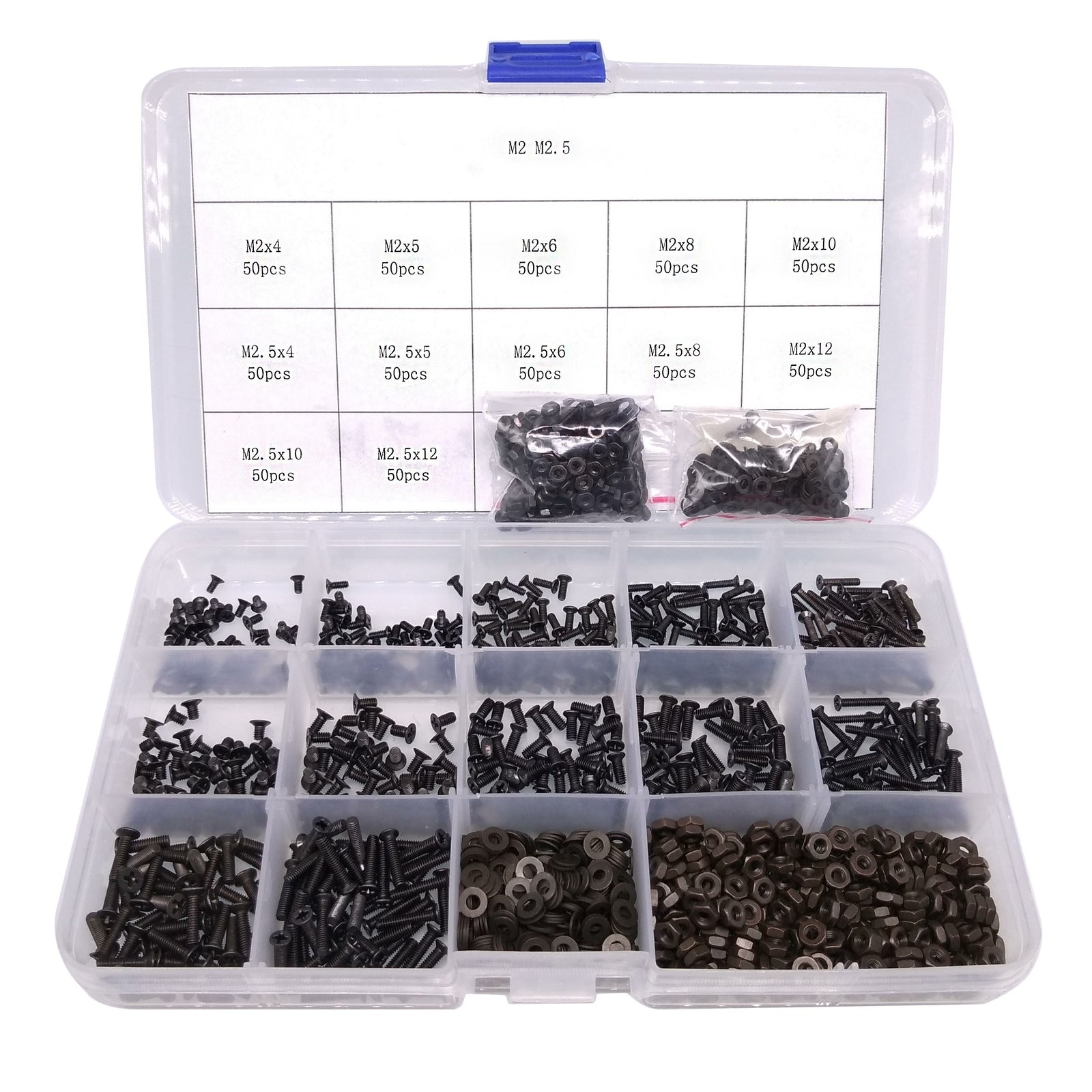 600pcs M2 M2.5 Flat Head Black Screws with Nuts Washers Assortment Kit