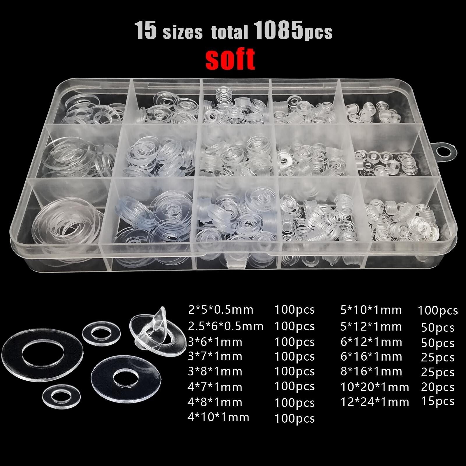 1085pc M2-M12 Soft PVC Plastic Transparent Flat Washer Insulation Gasket Kit Set
