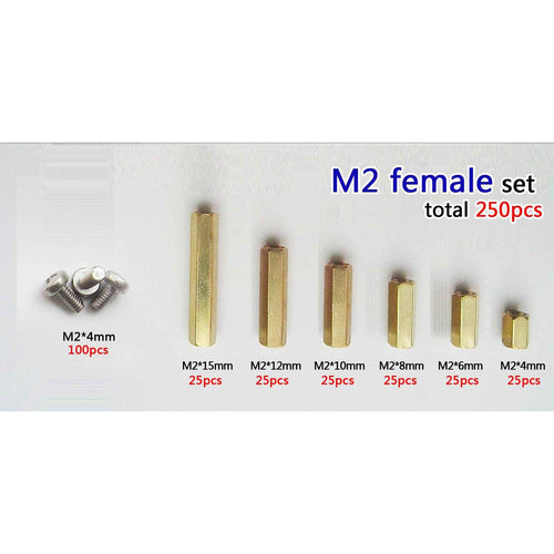 250x Solid Brass M2 Hex Column Standoff  Spacer Screw Nut Assortment Kit PCB #2