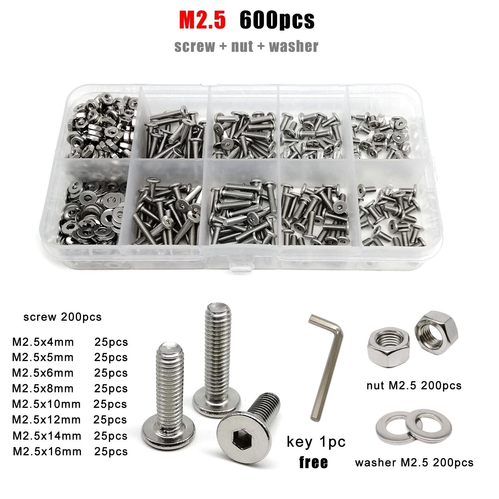 600pcs M2.5 Hexagon Hex Socket Ultra Thin Head Screw Bolt Set 304SS