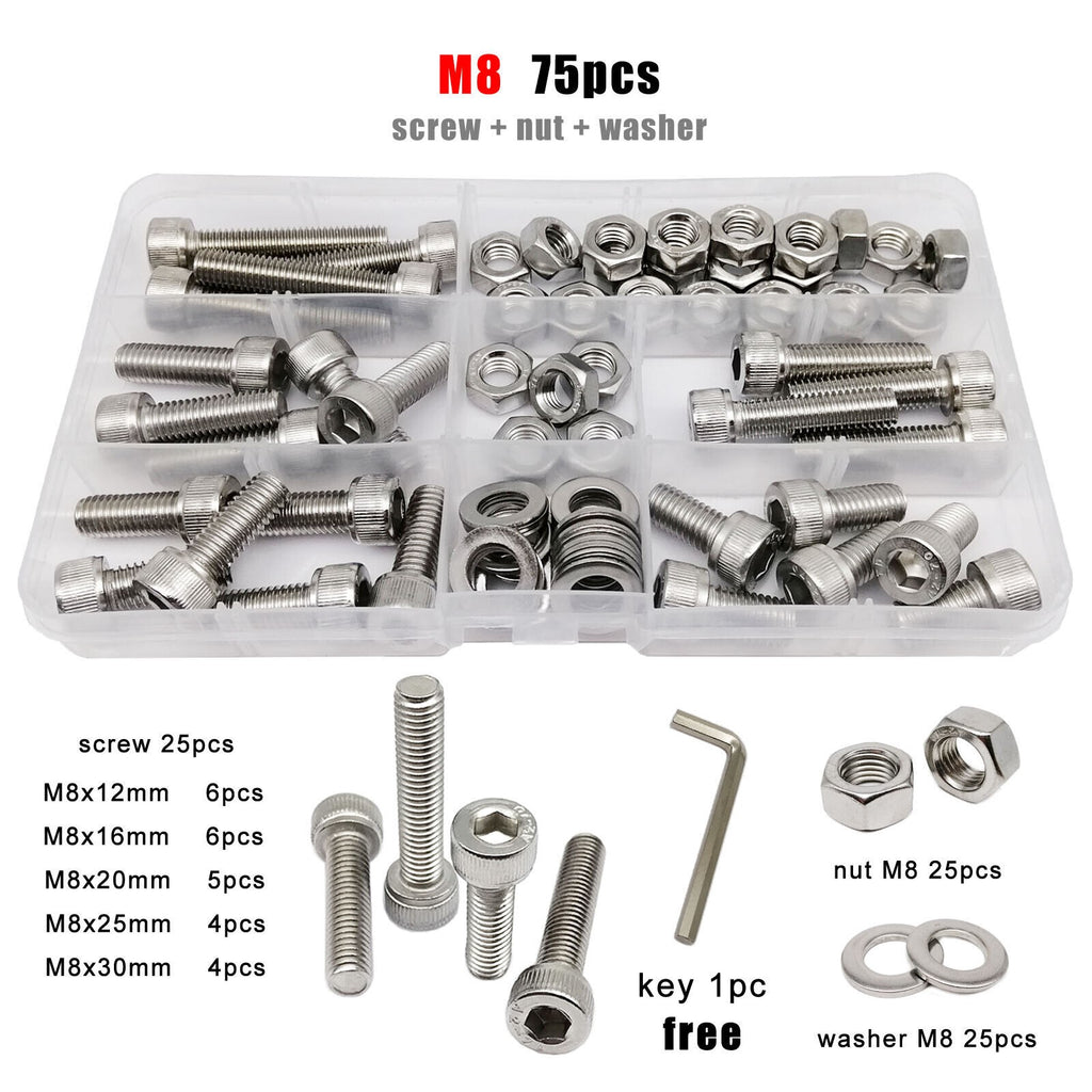 M8 SUS304 Allen Hexagon Hex Socket Cap Head Screw Bolt Nut Washer Set Kit