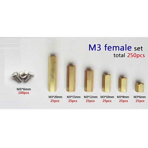 250pcs Solid Brass M3 Hex Column Standoff  Spacer Screw Nut Assortment Kit PCB C