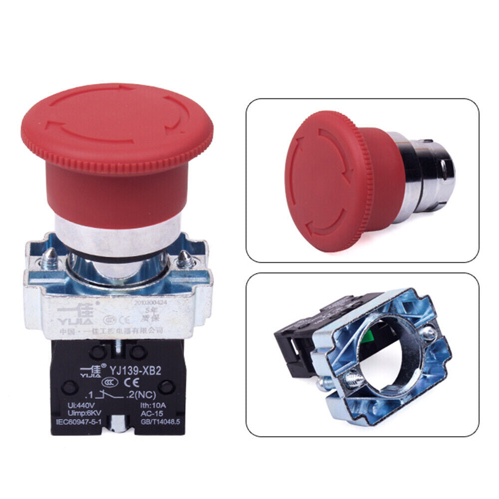 2x Red Mushroom Head 22mm E-STOP Emergency Stop Push Button Switch 1NO 1NC XB2