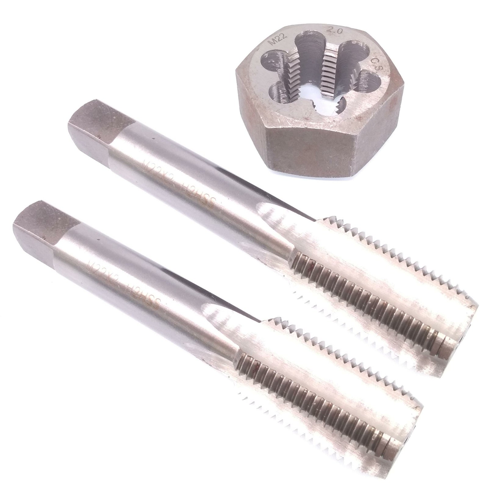 HSS M22 x 2mm Taper & Plug Tap & 22x2mm Hexagon Die Metric Thread Right Hand Set