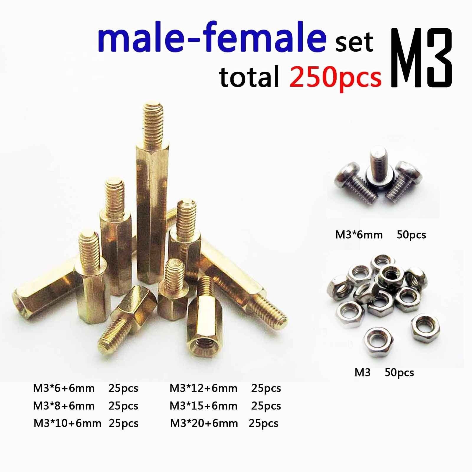 250pcs Solid Brass M3 Hex Column Standoff  Spacer Screw Nut Assortment Kit PCB D