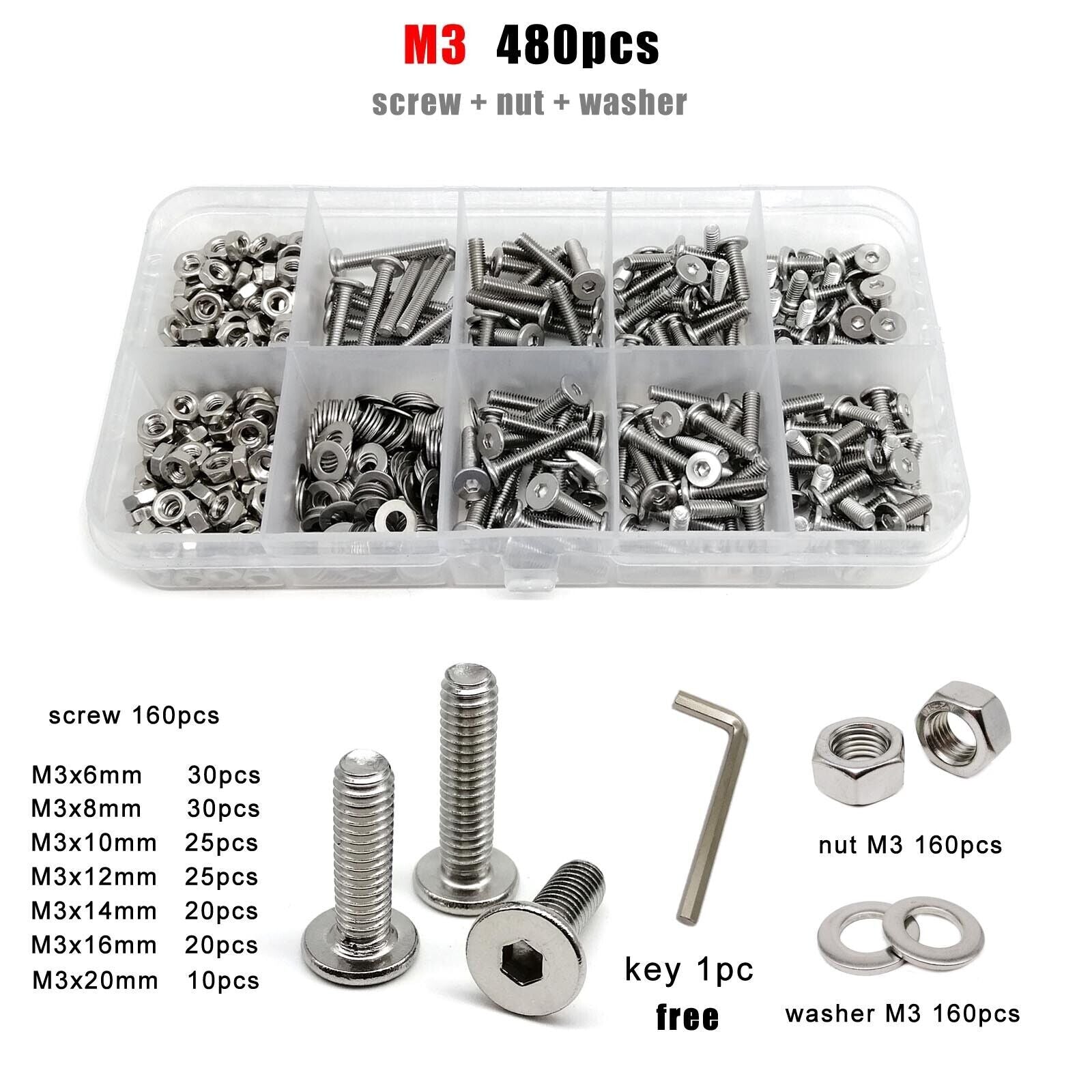 480pcs M3 Hexagon Hex Socket Ultra Thin Head Screw Bolt Set 304 Stainless Steel