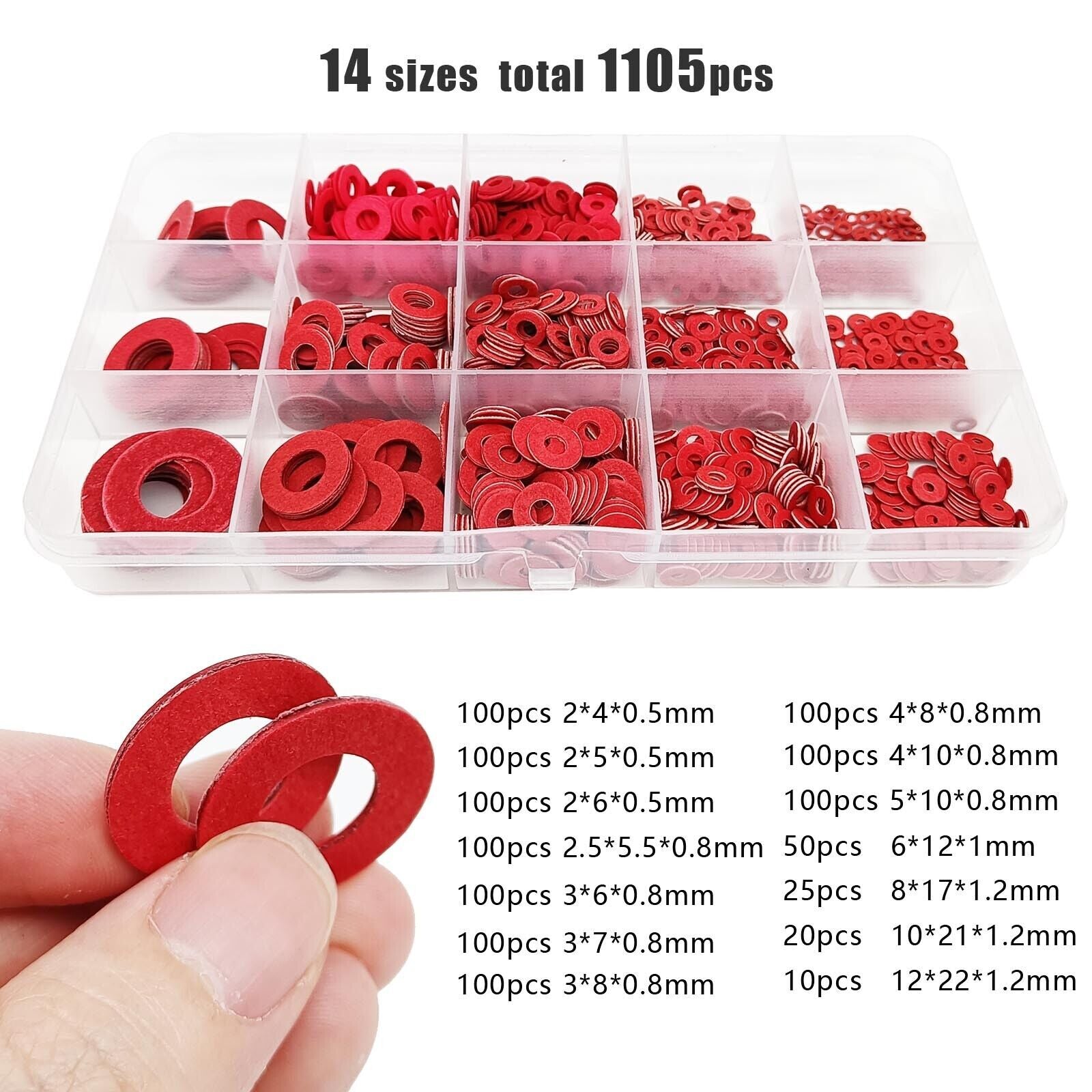 1105pcs M2-M12 Red Steel Paper Flat Washer Plain Insulation Gasket Kit Set