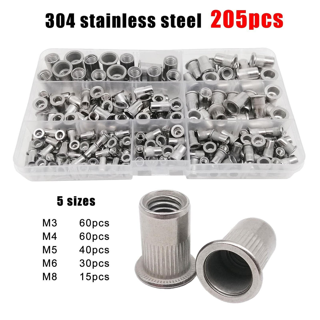 205pcs M3M4M5M6M8 304SS Flat Head Rivet Nut Insert Rivnut Assortment Set Kit