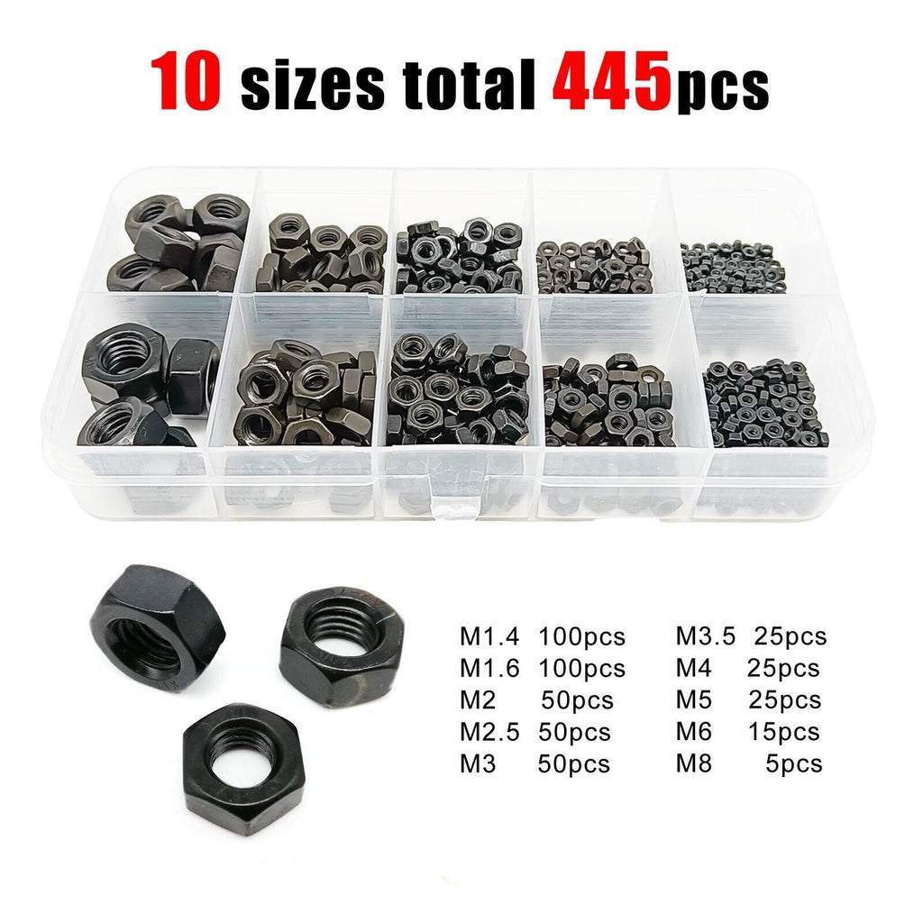 445pcs Mix M1.4-M8 Small Micro Hex Hexagon Nut Assortment Kit Black Steel #1