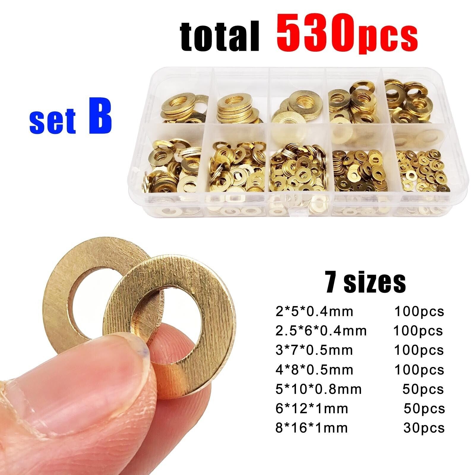 530pcs Mix M2-M8 GB97 Brass Copper Flat Washer Plain Gasket Pad Ring Set Kit