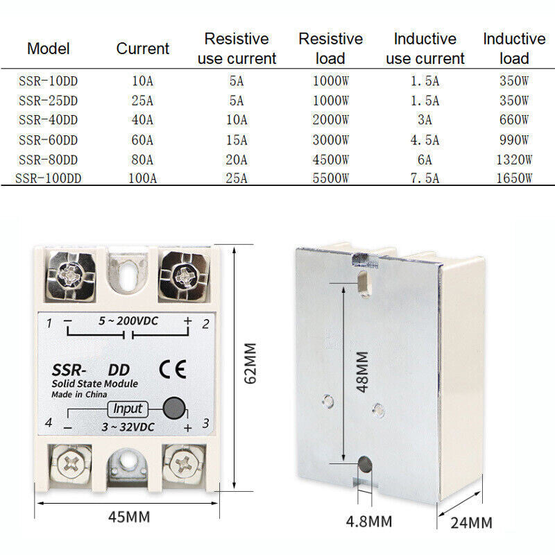 DC to DC Solid State Relay Module SSR-100DD 3-32V DC, 5-200V DC New