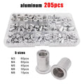 205pcs M3M4M5M6M8 Aluminum Flat Head Rivet Nut Insert Rivnut Assortment Set Kit