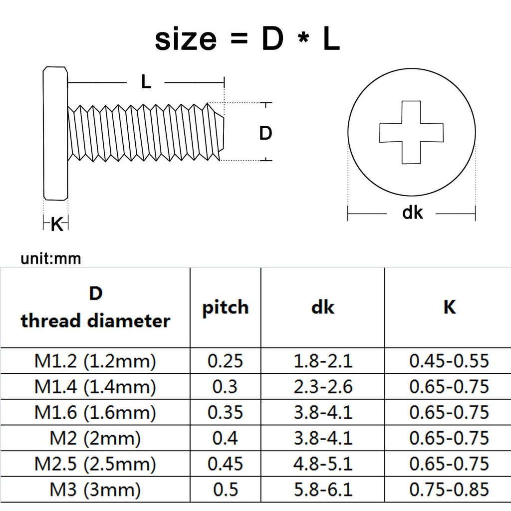 750pcs M1.2-M3 Black Mini Phillips Ultra Thin Flat Wafer Head Screw Bolt Set Kit