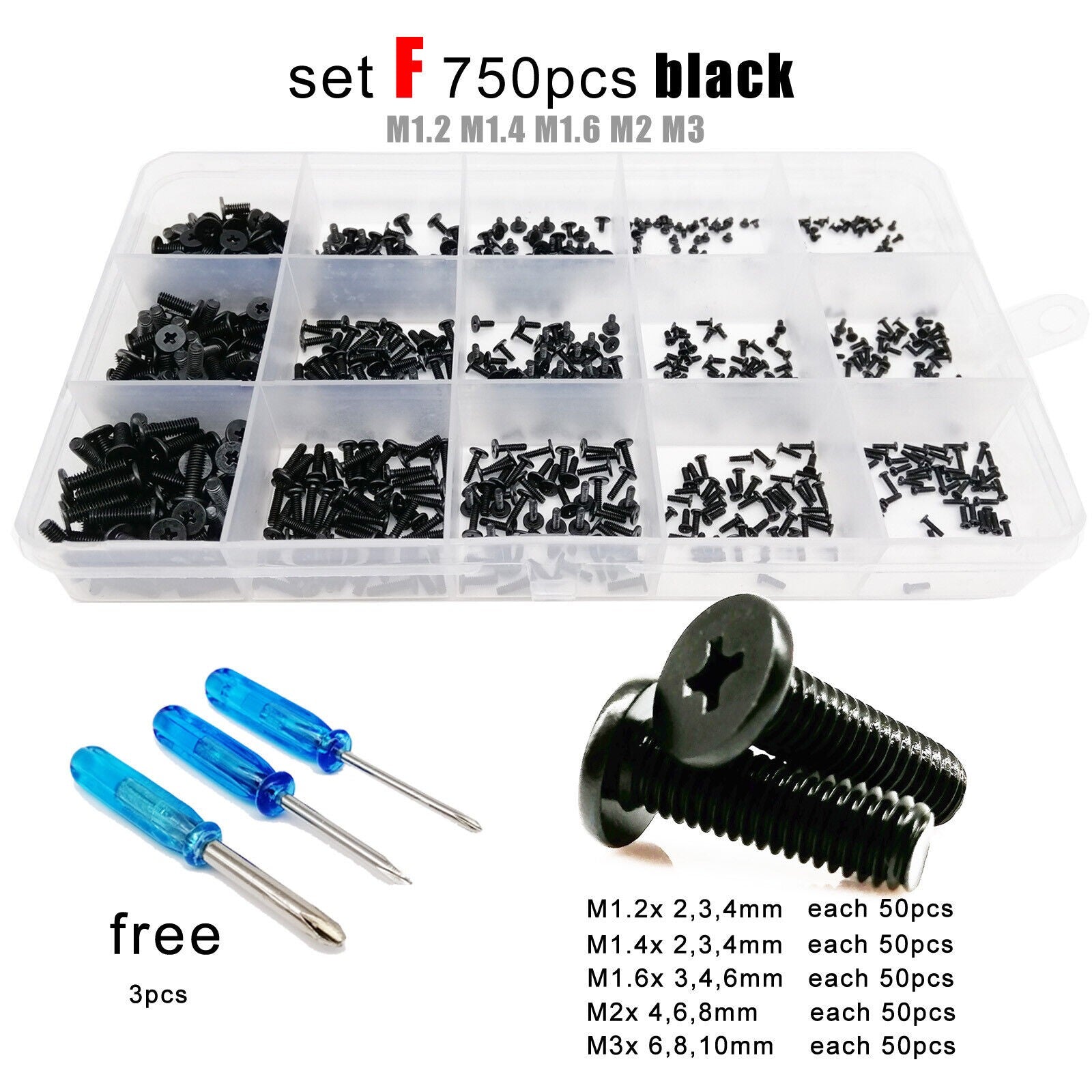 750pcs M1.2-M3 Black Mini Phillips Ultra Thin Flat Wafer Head Screw Bolt Set Kit