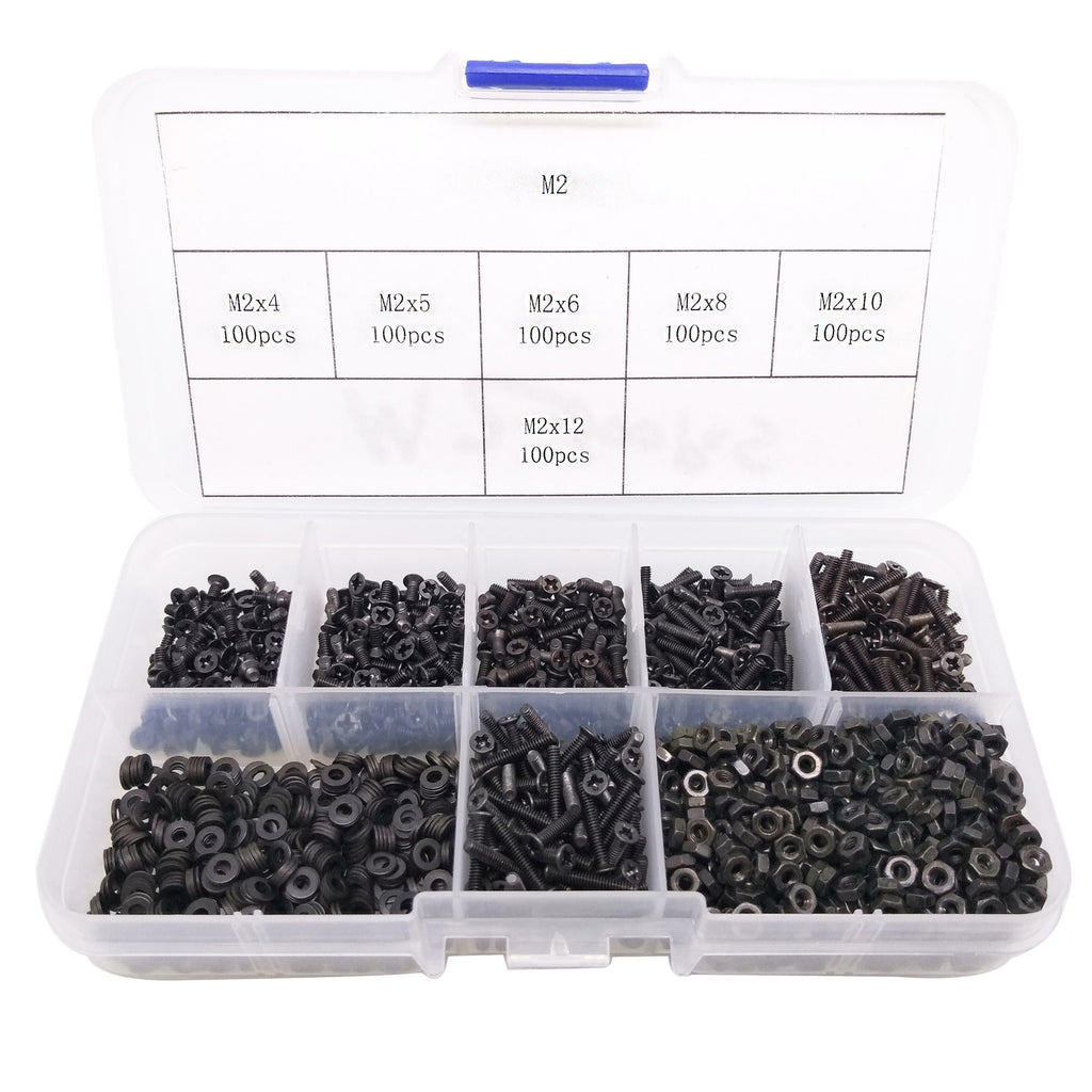 AU Stock 600pcs M2 Flat Head Black Screws with Nuts Washers Assortment Kit