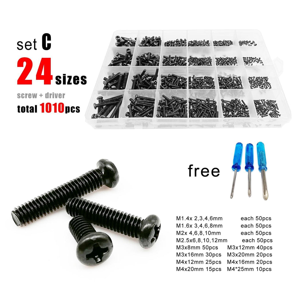 1010pcs M1.4-M4 Black Phillips Pan Round Head Screw Bolt Set Assortment Kit