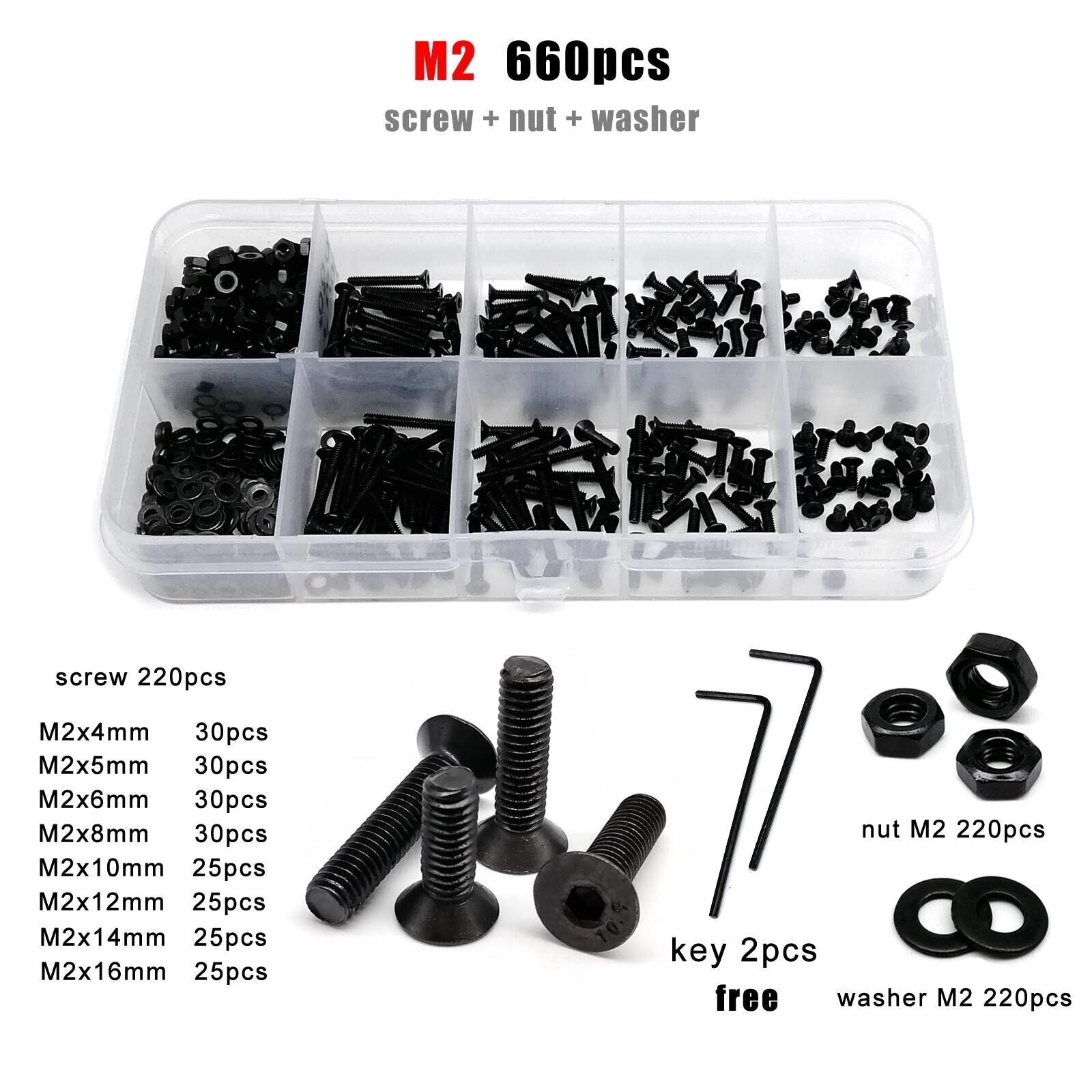 M2 Hexagon Hex Socket Flat Countersunk Head Screw Bolt Set grade 10.9 Steel