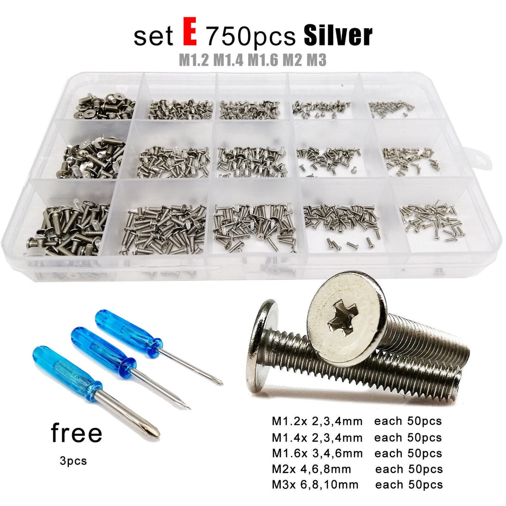 750pc M1.2-M3 Silver Mini Phillips Ultra Thin Flat Wafer Head Screw Bolt Set Kit