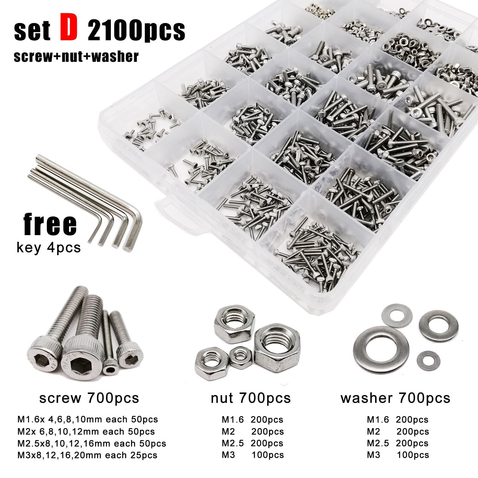 2100pcs M1.6-M3 SS304 Hexagon Hex Socket Allen Cap Head Screw Bolt Nut Set Kit