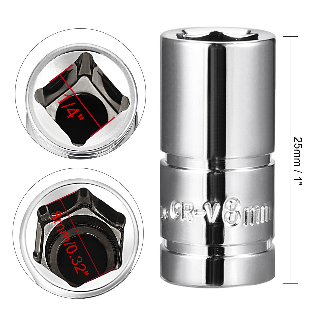 2 Pcs 1/4-inch Drive 8mm Cr-V 6-Point Shallow Socket