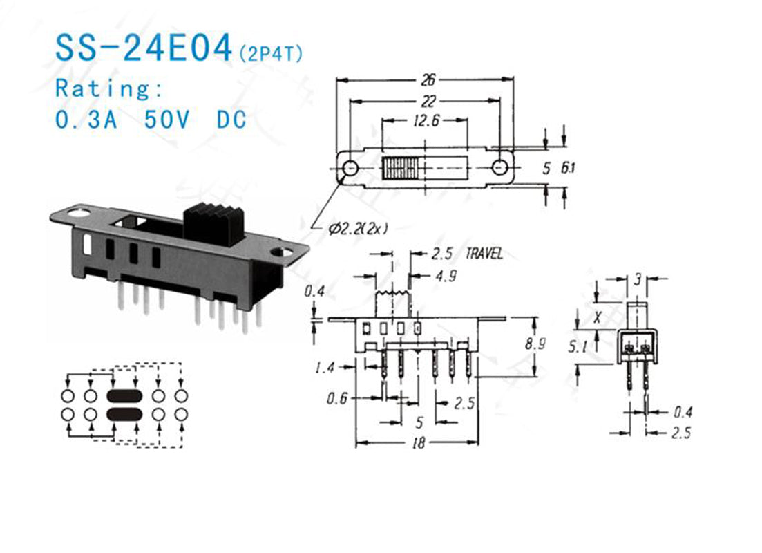 US Stock 10x SS-24E04 PCB 10 Pin 4 Position 2P4T DP4T Mini Vertical Slide Switch