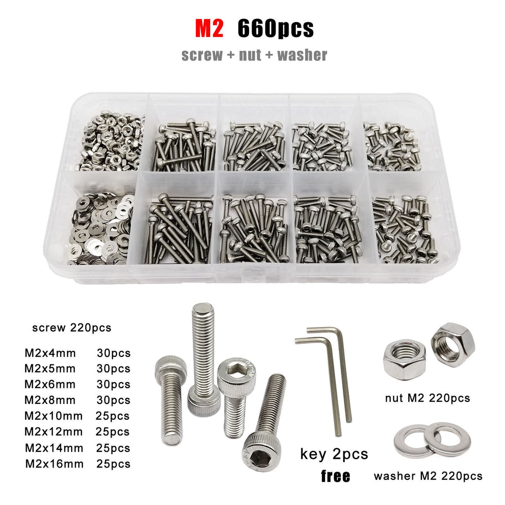 M2 SUS304 Allen Hexagon Hex Socket Cap Head Screw Bolt Nut Washer Set Kit