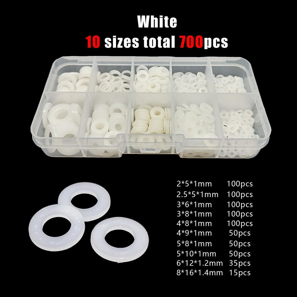 700pcs M2-M8 White Nylon Flat Washer Plain Insulation Gasket Assortment Kit Set