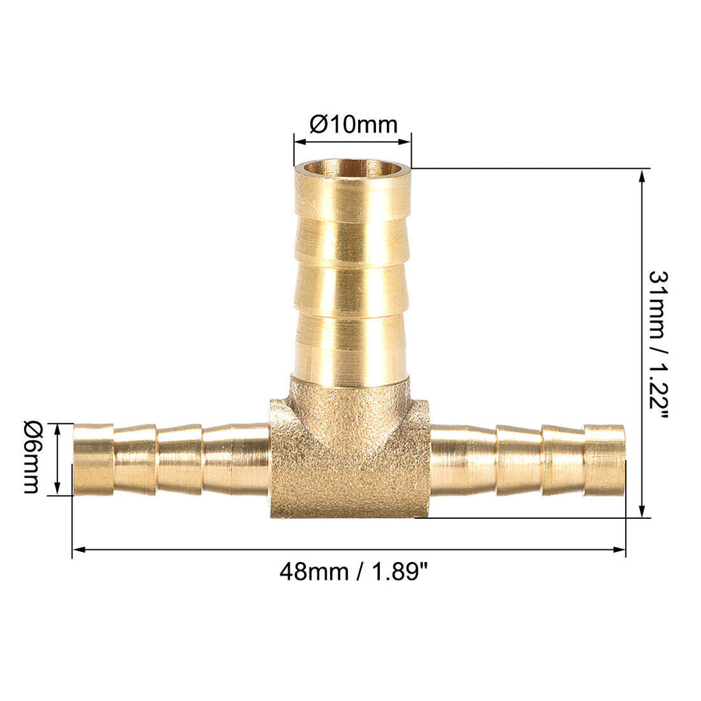 6mm x 10mm x 6mm Brass Hose Reducer Barb Fitting Tee T-Shaped 3 Way Barbed