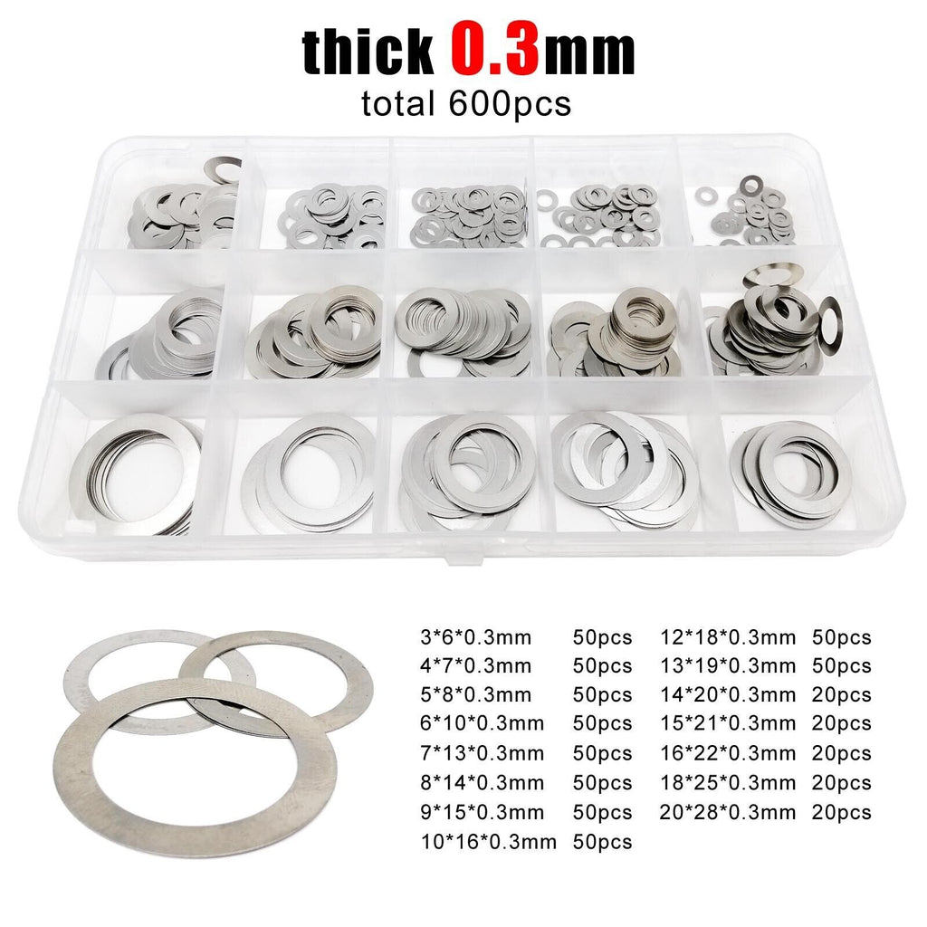600pcs M3-M20 0.3mm 304SS Ultra Thin Flat Washer Adjusting Shim Plain Gasket Kit