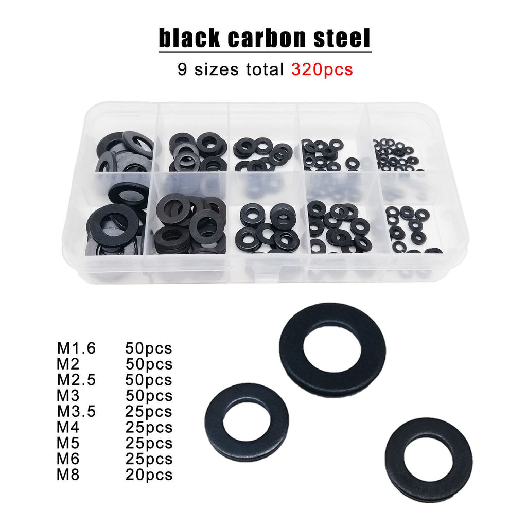 320pcs M1.6-M8 DIN912 GB97 Carbon Steel Flat Washer Plain Gasket Ring Pad Set