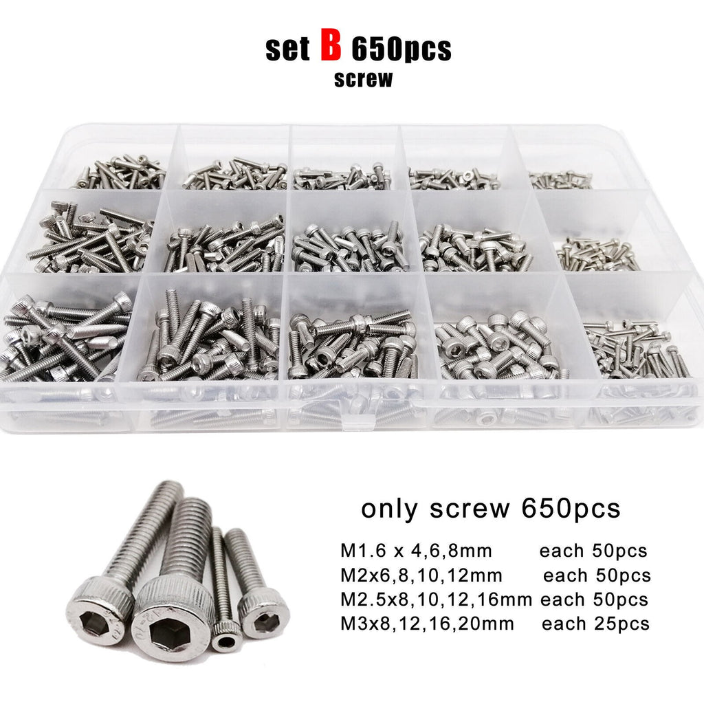650pcs M1.6-M3 SS304 Hexagon Hex Socket Allen Cap Head Screw Bolt Nut Set Kit