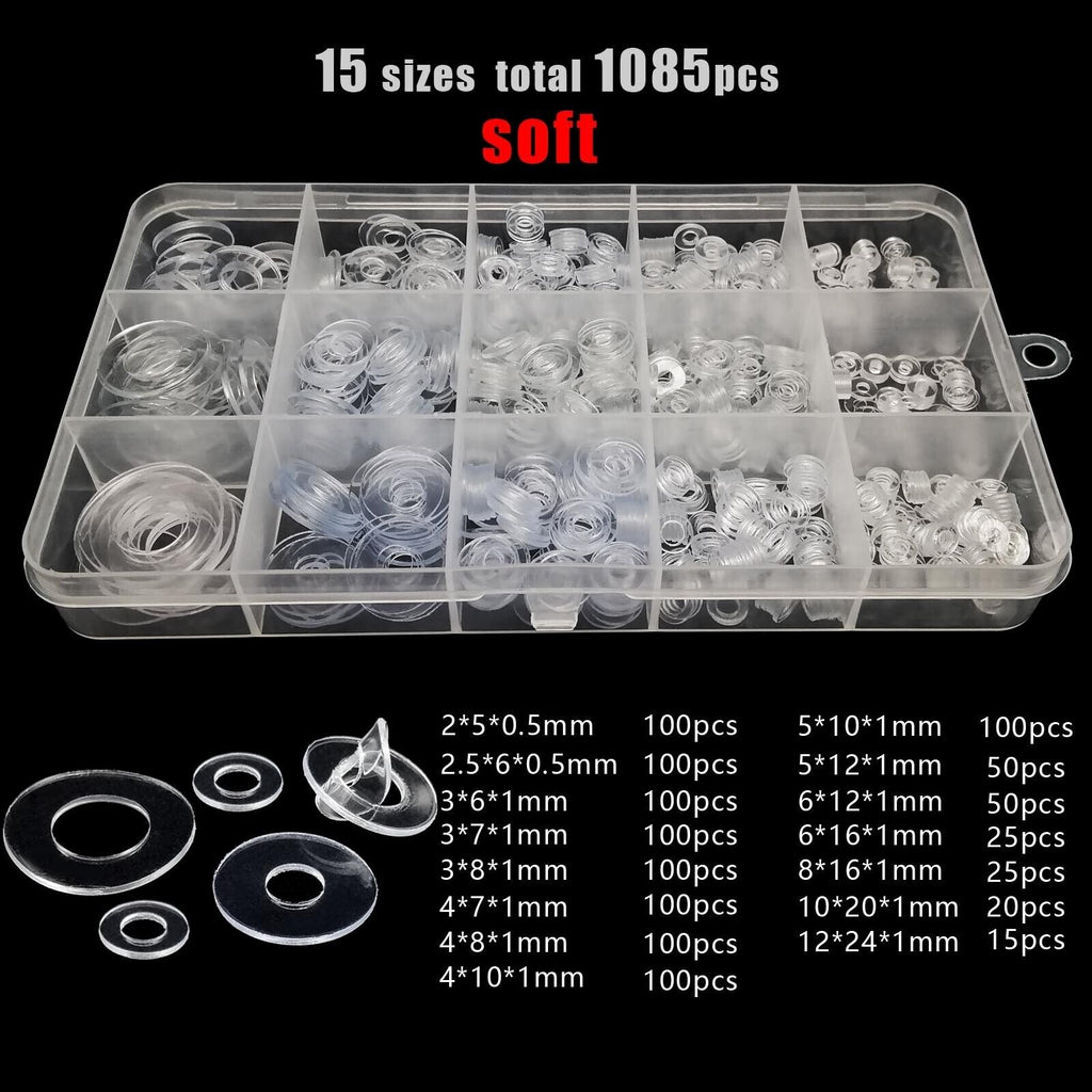 1085pc M2-M12 Soft PVC Plastic Transparent Flat Washer Insulation Gasket Kit Set